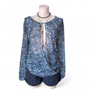 George Blue Faux Wrap Blouse 2X, Abstract Print Semi Sheer‎ Stretch Waist Top